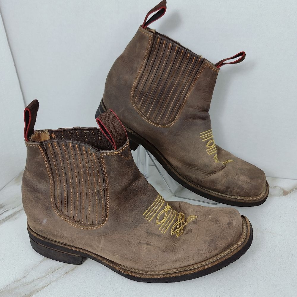 Patron Men's Brown Leather Western Style Pull On Chelsea Charro Boots, Sz 10